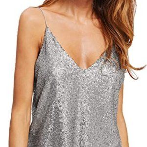 Women's Sparkle Sequin V Neck Spaghetti Strap Silver Tank Top